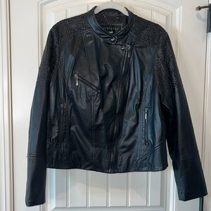 Black leather jacket Asymmetrical zip beautiful laser cut details Bernardo XL